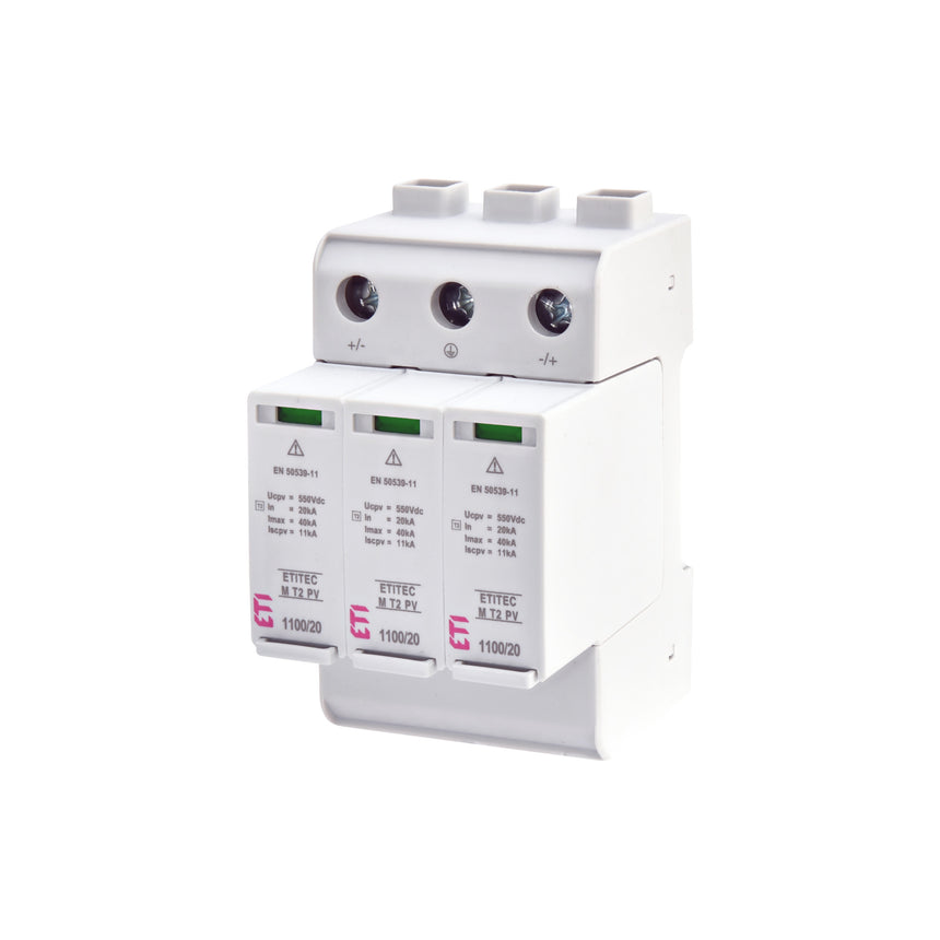 Descarcator supratensiuni SPD, ETI, 3P, T2, 20kA, DC curent continuu, Uc=1100V, fara contact de semnalizare la distanta, ETITEC M, 002440515