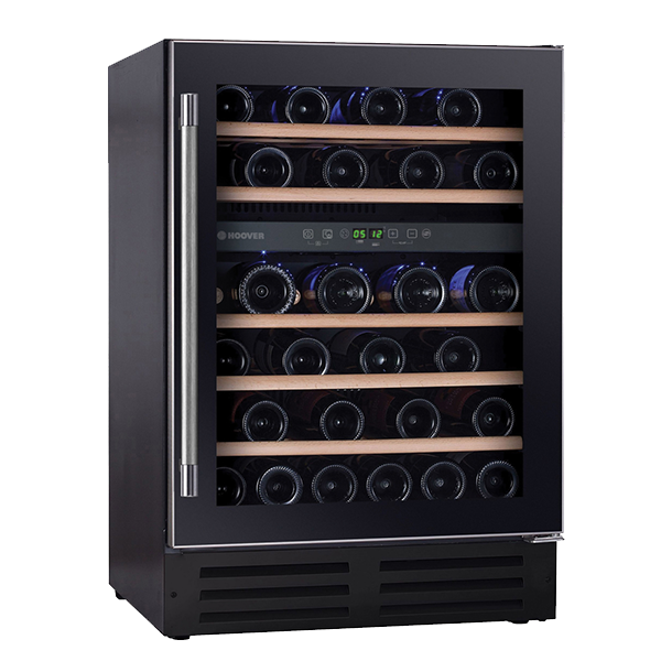 Vitrina de vinuri incorporabila Hoover HWCB 60, 145 l, Capacitate 46 sticle, Clasa G, 2 zone de racire, Iluminare LED, 60 cm, Nergu