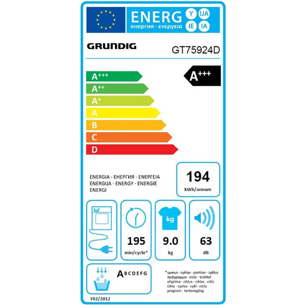Uscator de Rufe GRUNDIG GT75924D, Pompa de Caldura, 9 kg, 15 Programe, Clasa A+++, Alb