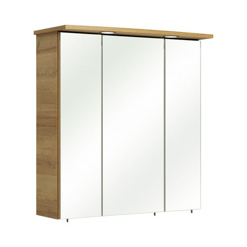 Dulap cu oglinda pelipal, 3 usi, iluminare LED, 65x72 cm, stejar, IP 44
