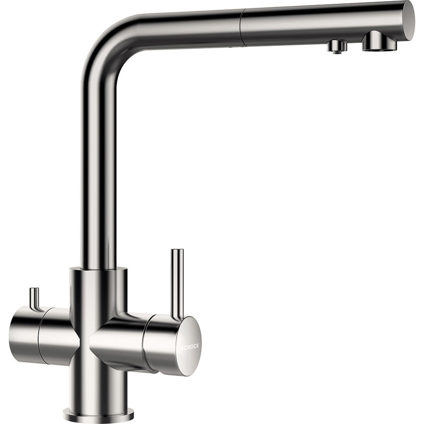 Baterie bucatarie Schock Vitus Inox Periat cu cap extractibil, 3 cai, cartus ceramic, rotatie tija la 180 grade