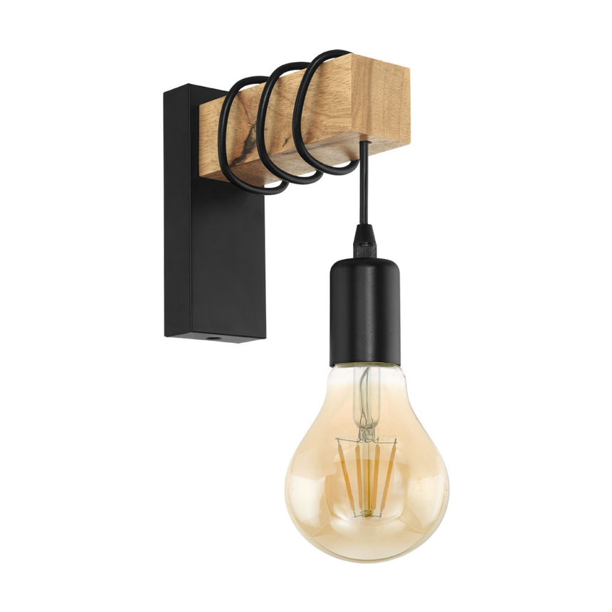Aplica vintage TOWNSHEND, EGLO, E27, 1x10W, otel, lemn, negru, maro, 21.5 x 19 x 6.5 cm, IP20