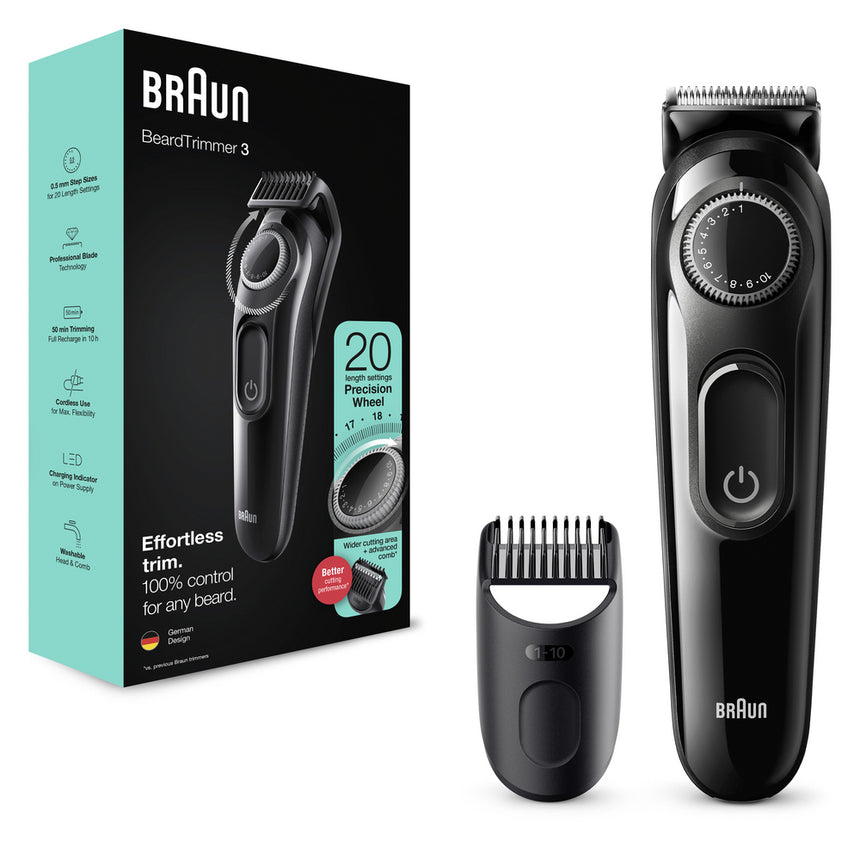 Aparat de tuns barba Braun Beard Trimmer BT3322, Wet&Dry, buton rotativ de precizie, 20 de setari pentru lungime, 1 pieptene, Negru