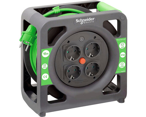 Prelungitor cablu cu tambur Schneider Electric Thorsman IMT33137, 15m, compact, 4 prize, IP44, 13A, 1.5mm, H05VV-F3G1.5, verde/negru