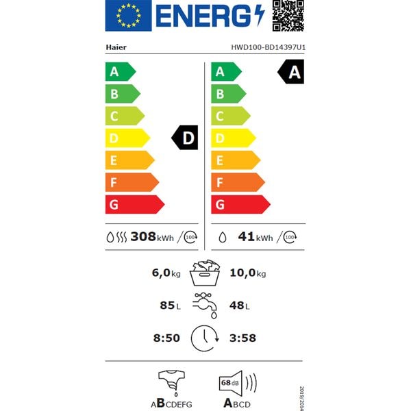 Masina de Spalat Rufe Frontala cu Uscator HAIER HWD100-B14397US, Wi-Fi, 10/6 kg, 1400rpm, Clasa A/D, Alb