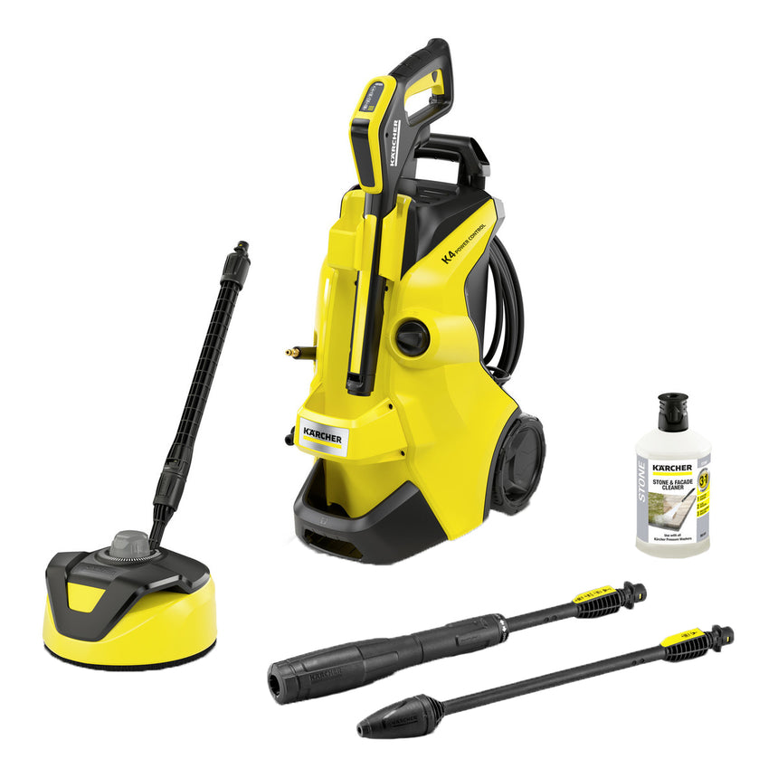 Aparat de spalat cu presiune Karcher K 4 Power Control Home,1800 W, motor racit cu apa, 130 bar presiune maxima, 420 l/h debit maxim, furtun de presiune 8 m, perie exterior T5 , detergent exterior 0.5L