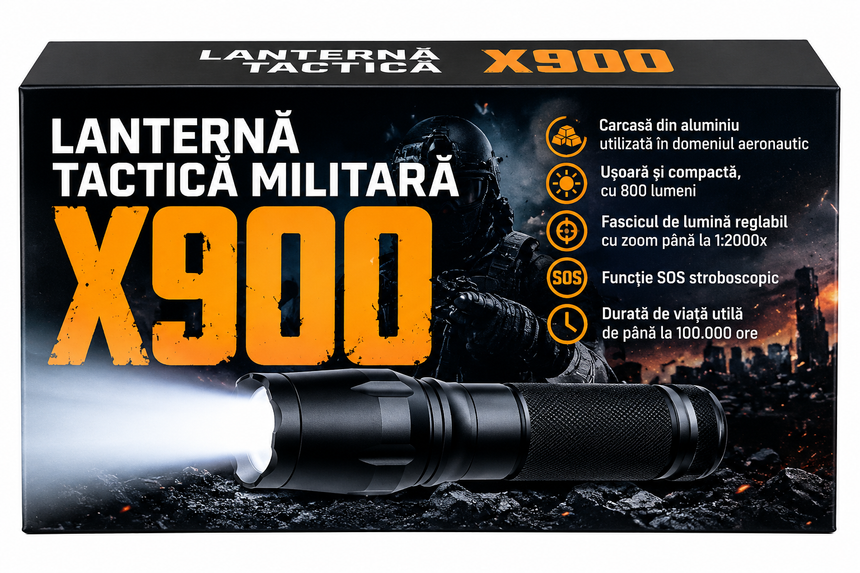 Lanternă X900 Reîncărcabilă cu Baterie și Încărcător, Lanternă Portabilă pentru Camping, Drumeții și Activități în Aer Liber