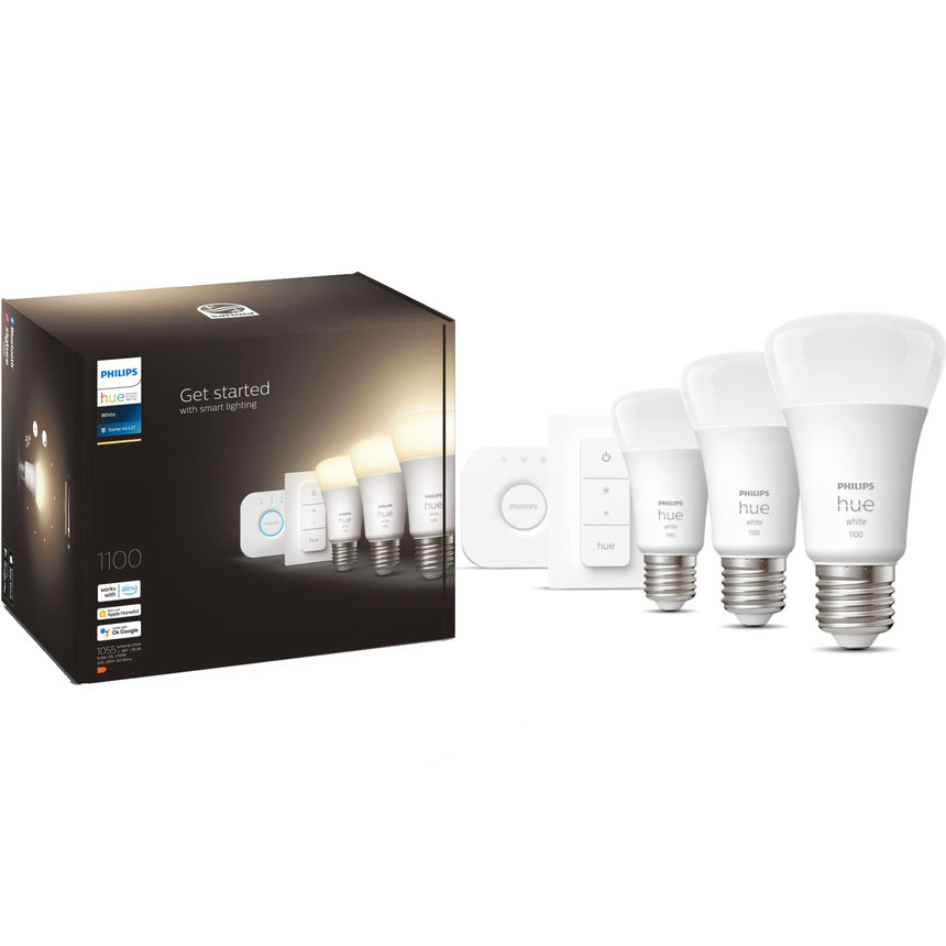 Pachet kit baza 3 becuri LED Philips Hue, Bluetooth, Zigbee, A60, E27, 9.5W (75W), 1055 lm, lumina alba calda (2700K) + Consola Hue Bridge + Intrerupator, clasa energetica F