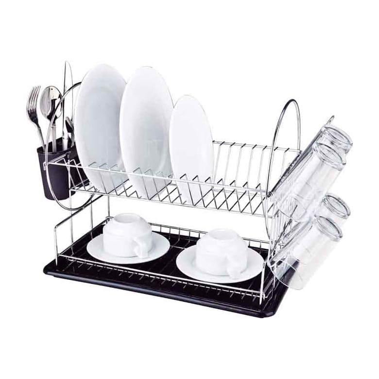Suport cu tava pentru scurs vase, cu suporti pentru tacamuri si pahare, Frandis, 2 etaje, 50x23.5x36 cm, metal cromat/PP negru