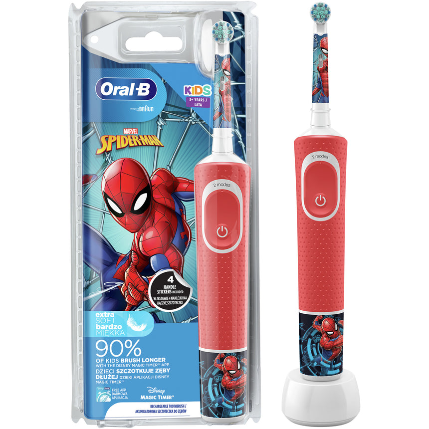 Periuta de dinti electrica Oral-B D100 Vitality Spiderman pentru copii, Curatare 2D, 2 programe, 1 capat, 4 stickere incluse, Rosu