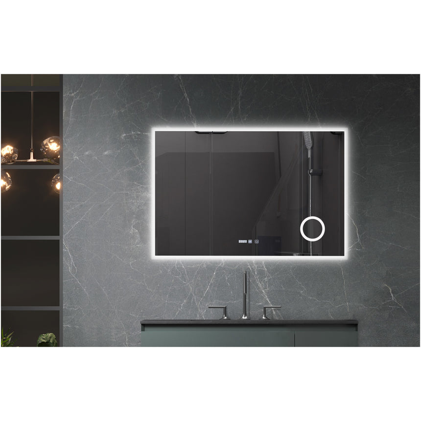 Oglinda baie Belform Atlantis, cu iluminare LED 3 culori, intrerupator Touch, ceas, lupa, functie dezaburire, 120x80 cm, clasa energetica F