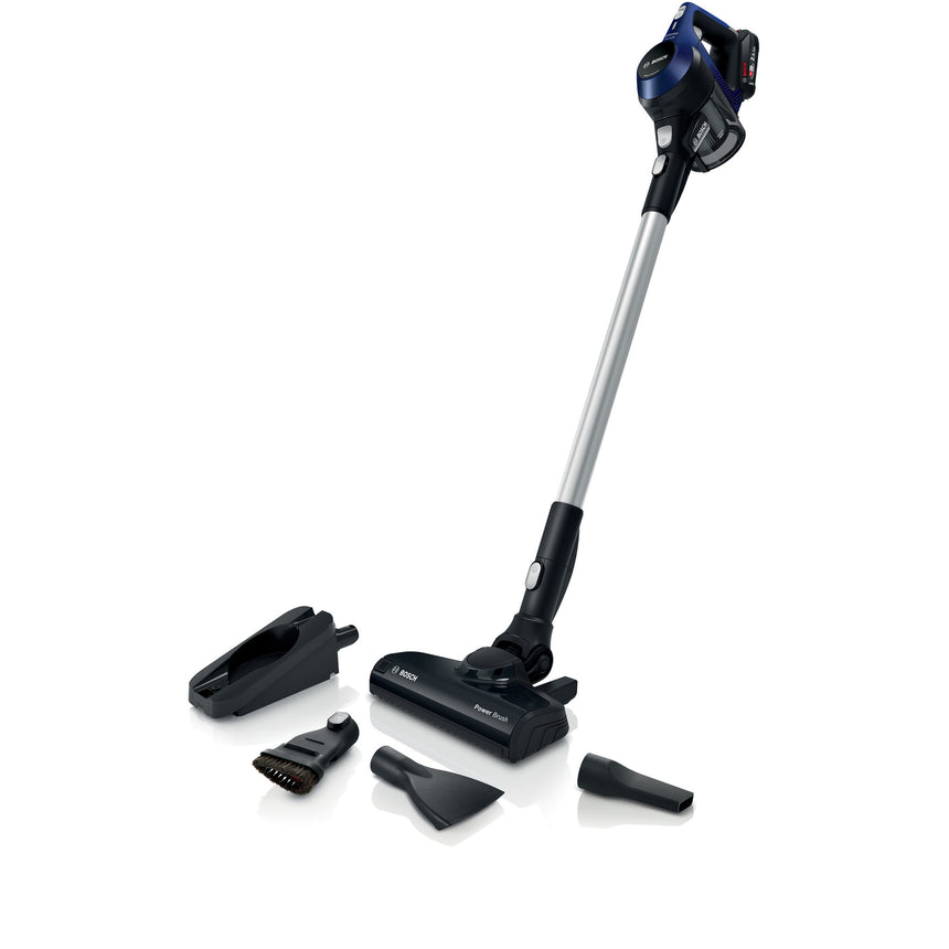 Aspirator vertical cu acumulator Bosch BBS611MAT Seria 6, 18V (2.5 Ah), 19.84 Kwh/an, 2 trepte de putere, autonomie 30 min mod normal, 8 min treapta Turbo, capacitate colectare 0.3 l, nivel zgomot 85 dB, Perie electrica AllFloor HighPower, Albastru