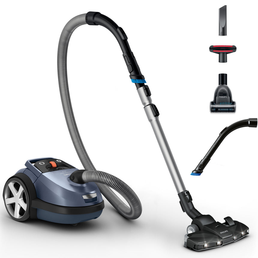 Aspirator cu sac Philips Performer Silent FC8787/09, 750 W, cap de aspirare TriActive+LED, mini perie turbo, aspirare de 99,9 % a prafului, albastru glacial