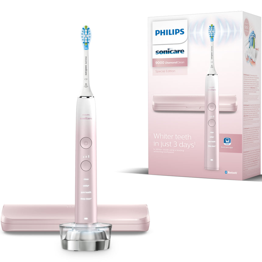 Periuta de dinti electrica Philips Sonicare DiamondClean 9000 HX9911/84, 62000 miscari/min, 4 moduri de curatare, 3 nivele intensitate, senzor presiune, functia BrushSync, aplicatie Sonicare, wireless Bluetooth, toc transport, baza de incarcare, Roz