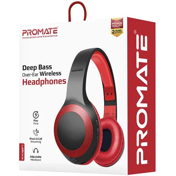 Casti PROMATE LaBoca, Over-ear, Bluetooth, Microfon, Radio FM, Slot Card Micro-SD, Rosu