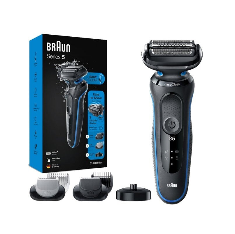 Aparat de ras electric Braun Series 5 51-B4650cs Wet&Dry, AutoSense, EasyClean, 3 elemente de taiere, accesorii pentru barba si ingrijire corporala, Statie de incarcare, Negru/Albastru