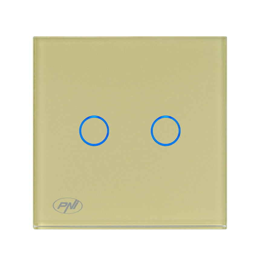 Intrerupator dublu cu touch PNI SH202G, indicator LED, Sticla, Auriu