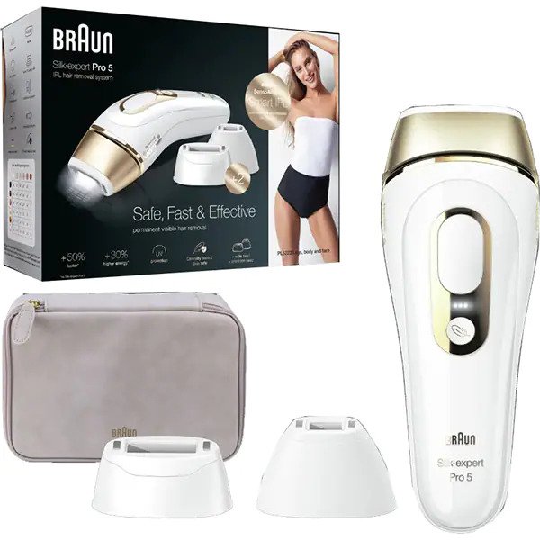 Set Epilator IPL Braun Silk-Expert Pro 5 PL5223, 400k Impulsuri, 10 Trepte, Aparat de ras Venus, Alb/Auriu