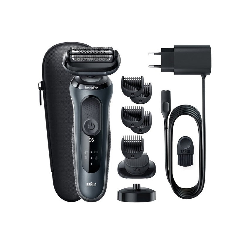 Aparat de ras electric Braun Series 6 61-N4500cs Wet&Dry, AutoSense, 4 elemente de taiere, SensoFlex, Statie de incarcare, accesorii pentru ingrijirea barbii, Trusa de voiaj, Gri