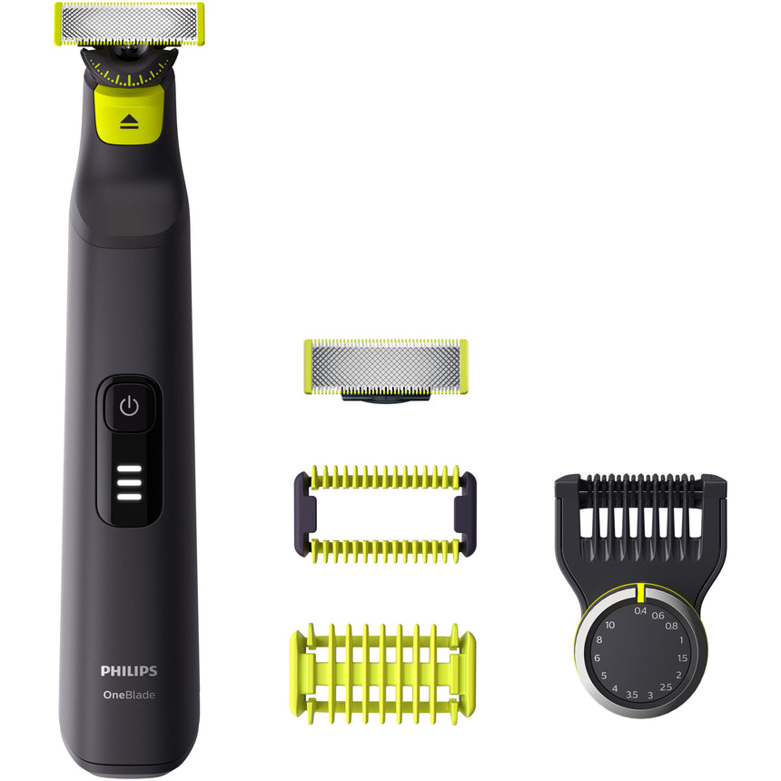 Aparat hibrid de barbierit, tuns barba si parul corporal PHILIPS OneBlade Pro QP6541/15, pieptene cu 14 lungimi, lama inovatoare 360 cu 2 taisuri, pieptene corp, accesoriu de protectie, reincarcabil, autonomie 90 min, umed si uscat, Negru