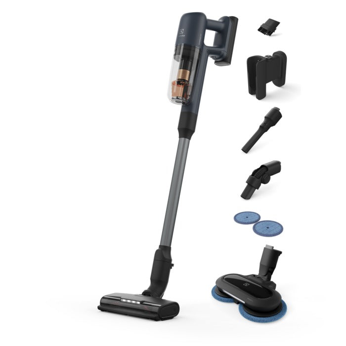 Aspirator vertical multifunctional Electrolux Seria 700 EP71B14WET, 150 W, 4000 mAh Li-Ion, autonomie max 50 min, perie motorizata multi-suprafete PowerPro cu lumina LED, tehnologie BrushRollClean automata, perie PowerPro Mop cu lumina LED, albastru denim