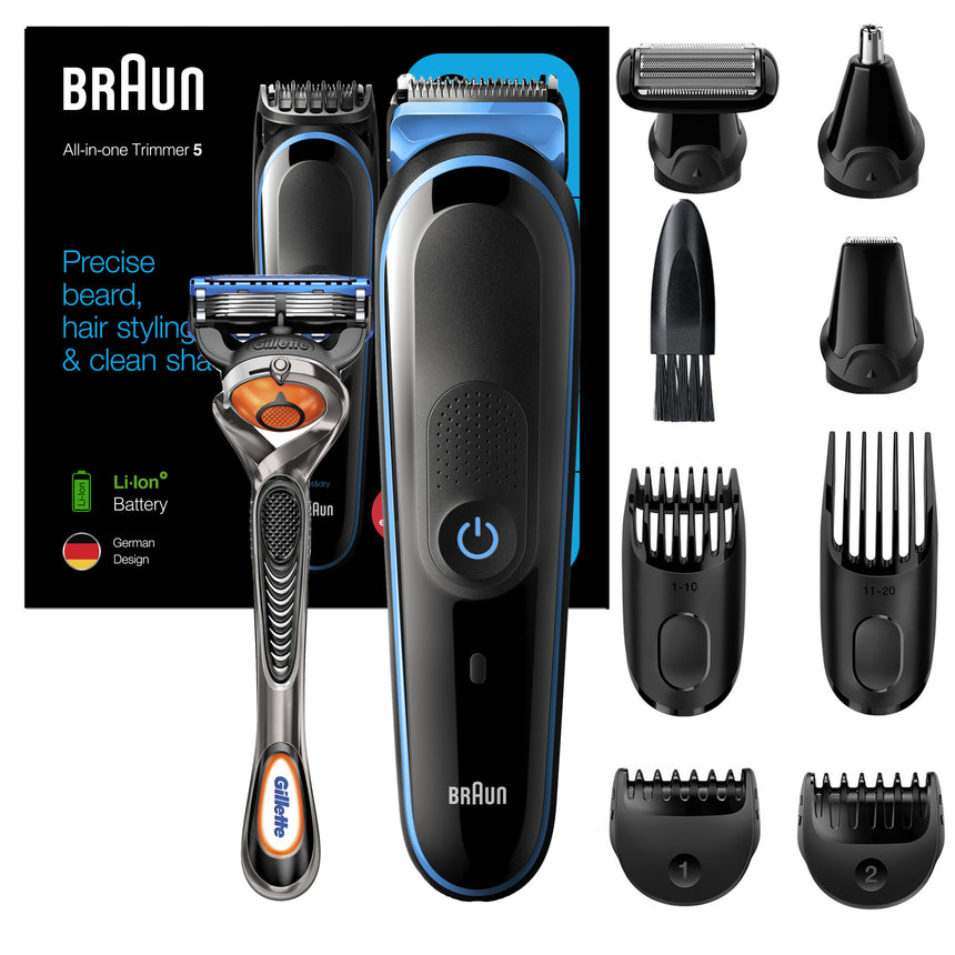 Aparat de tuns multifunctional Braun MGK5280 Wet&Dry, AutoSense, 9-in-1 pentru fata si corp, 4 piepteni, 3 accesorii extra, Aparat de ras Gillette, Saculet de voiaj, Negru/Albastru