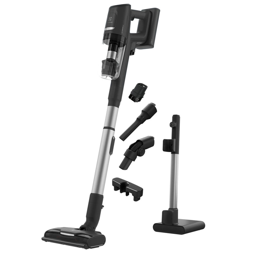 Aspirator vertical Electrolux Ultimate 800, 25,2 V, 150 AW, ecran LCD, 3 viteze + AUTO, 0,4 l, tub inox telescopic, 99,99% eficienta filtrare, autonomie 60 min, perie electrica cu LED, stand incarcare pe podea, Gri granit