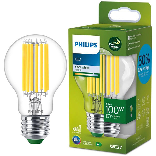 Bec LED Philips A60, E27, 7.3W (100W), 1535 lm, lumina alba rece (4000K), clasa energetica A