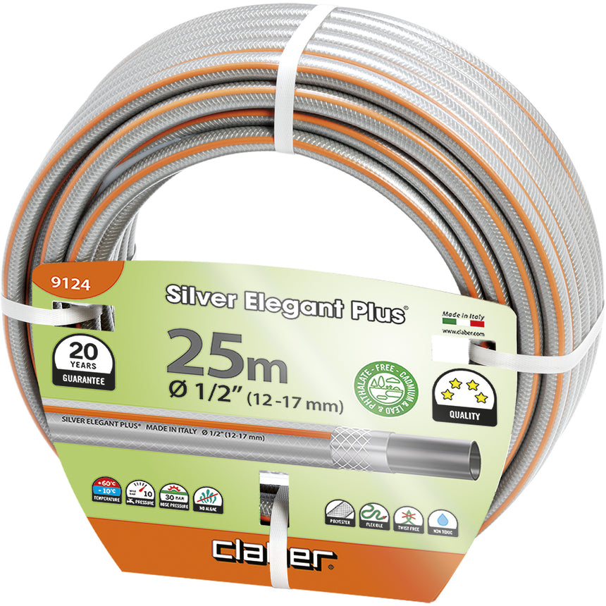 Furtun pentru gradina Claber Silver Elegant Plus, 25 m lungime, 1/2 (12-17 mm) diametru,presiune 10 bar,tratament anti alge,rezistenta UV