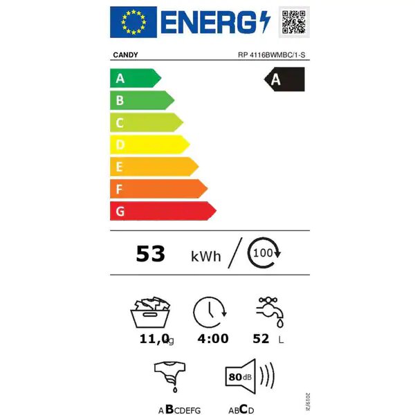 Masina de spalat rufe Candy Rapido Pro RP 4116BWMBC/1-S, 11 kg, 1400 RPM, Clasa A, Motor Inverter, Quick&Clean Technology, Steam Hygiene+, WiFi, Easy Iron+, Alb