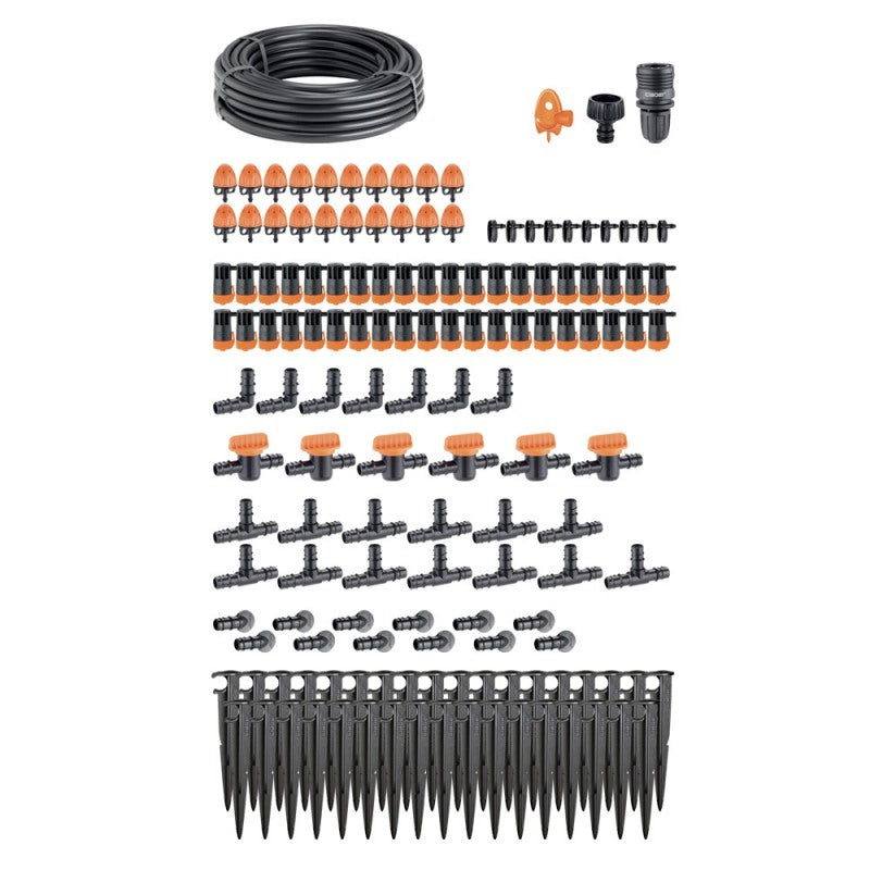 Kit irigatii pentru 60 plante Claber 907670000, furtun 25 m, fitinguri, cuple, duze, picuratoare reglabile si cuple