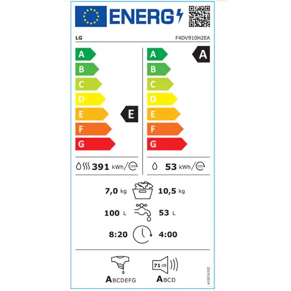Masina de spalat rufe cu uscator LG F4DV910H2EA, Spalare 10.5 kg, Uscare 7 kg, 1400 rpm, Clasa E, Motor AI Direct Drive, Steam+, TurboWash, ThinQ, Alb