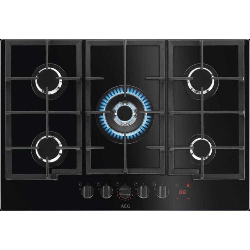 Plita incorporabila AEG HKB75450NB, Gaz, 5 arzatoare, Aprindere electrica integrata, Timer, Flame Light, Gratare de fonta, 75 cm, Negru