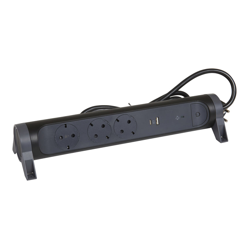Prelungitor rotativ Legrand Revolution L694512, USB tip A si C, 3A-5V 15W, 3 prize, protectie supratensiune, intrerupator iluminat, indicator LED, sectiune cablu 3x1.5mm, cordon 1.5m, Negru/Gri inchis