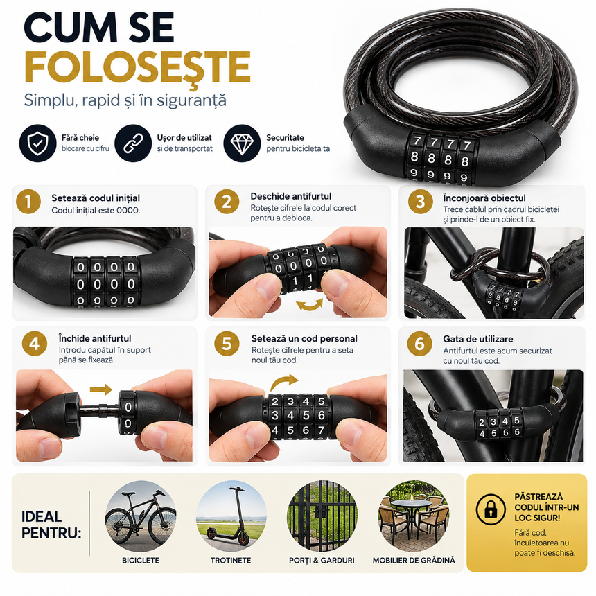 Antifurt Bicicletă cu Cifru 120 cm x 12 mm, Cablu de Siguranță cu Combinație, pentru Bicicletă și Trotinetă