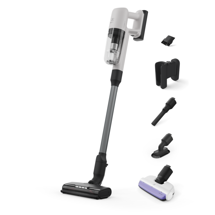 Aspirator vertical multifunctional Electrolux Seria700 EP71HB14UV, 150W, 4000 mAh Li-Ion, autonomie max 50 min, perie motorizata multi-suprafete PowerPro cu LED, perie MINI Turbo cu lumina UV pentru saltele/canapele, alb