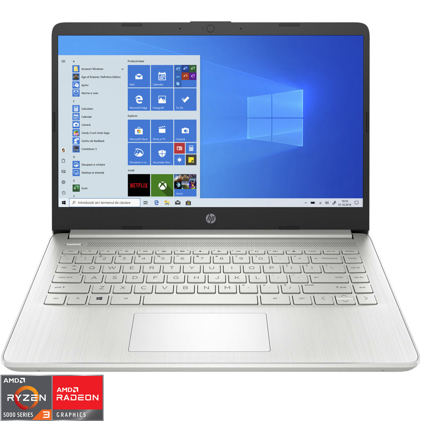 Laptop HP 14s-fq1015nq, AMD Ryzen 3 5300U pana la 3.8GHz, 14" Full HD, 8GB, SSD 512GB, AMD Radeon Graphics, Windows 10 Home, argintiu