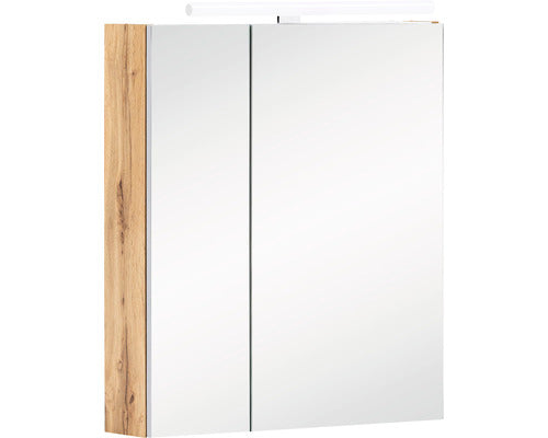Dulap Baie cu Oglinda Karla, 2 Usi, Iluminare LED, PAL, 60x75 cm, Stejar Deschis