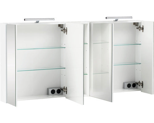 Dulap Baie cu Oglinda Basic Runa, 4 Usi, Iluminare LED, PAL, 141,6x75 cm, Alb Lucios