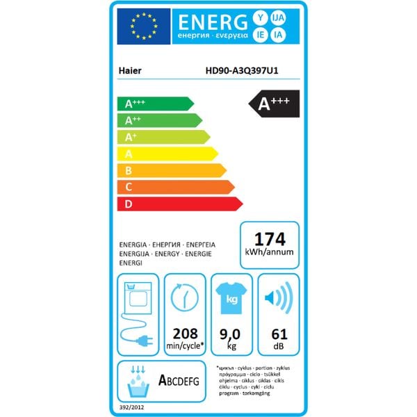 Uscator HAIER HD90-A3Q397U1-S, Pompa de caldura, motor Inverter, clasa C, 9 kg, conectivitate WiFi/ hOn, i-Refresh Pro, Display TFT, Twin Turbo, Dry Sensor, alb