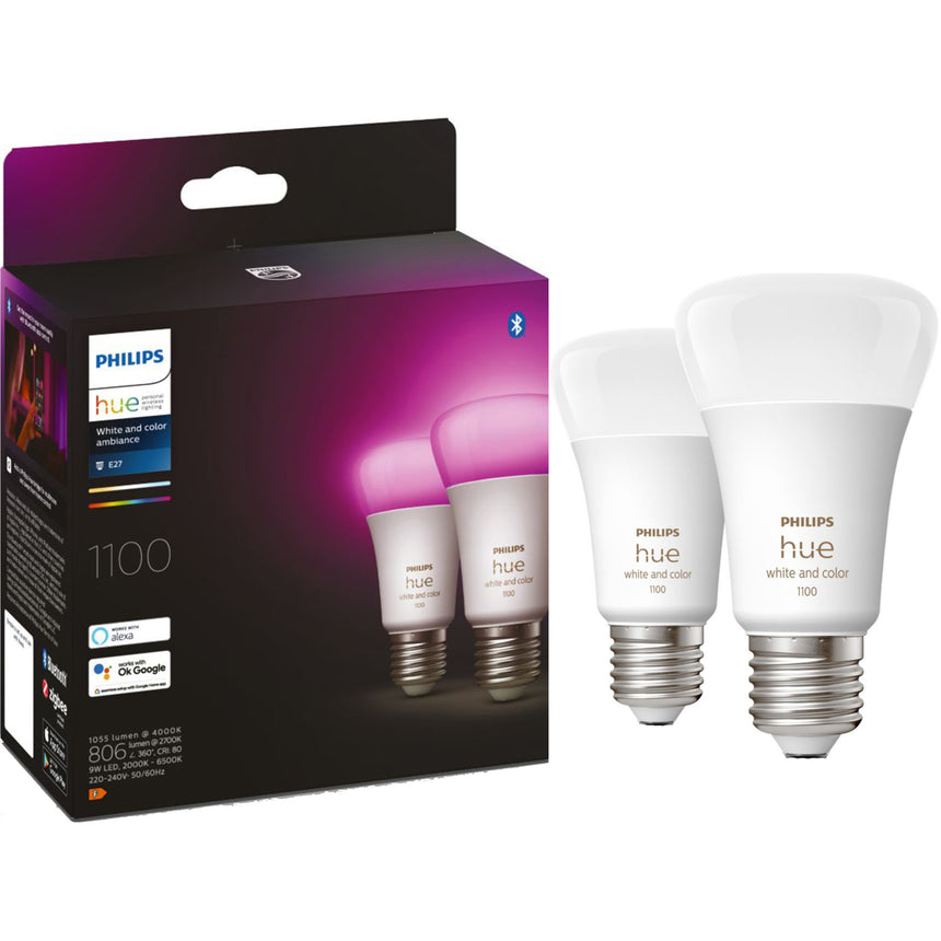 Pachet 2 becuri LED RGB inteligente Philips Hue, Bluetooth, Zigbee, A60, E27, 11W (75W), 1055 lm, lumina alba si colorata, clasa energetica F