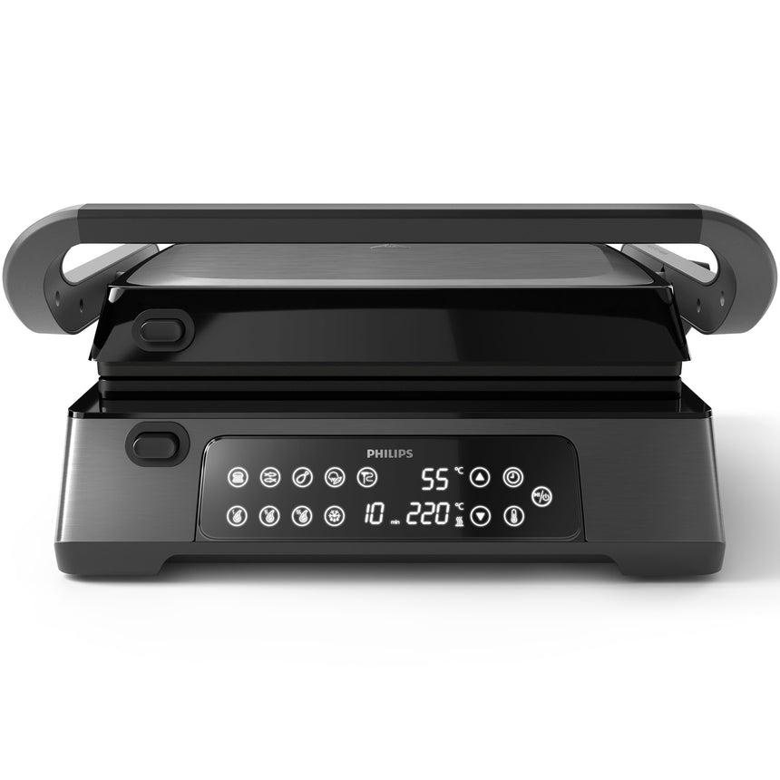 Gratar electric Philips HD6307/70 Seria 7000, 2200 W, inaltime reglabila, 8 programe presetate, cronometru, sonda de temperatura, control digital al temperaturii, placi antiaderente detasabile, se deschide la 180°, tava de scurgere detasabila