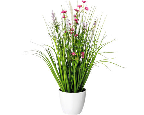 Planta Artificiala Amestec Iarba Cu Flori In Ghiveci H 46 Cm Roz