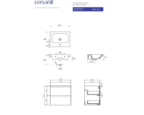 Pachet Cersanit 976 MODUO S801-222-DSM, dulap, 2 sertare, inchidere lenta, manere ascunse + lavoar, 59.5 x 44.7 x 57 cm