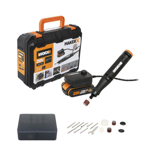 Polizor drept biax cu acumulator Worx MakerX WX739 20V, 35000 rot./min., mandrina 3,2mm, 1 acumulator + 1 adaptor HubX, accesorii incluse
