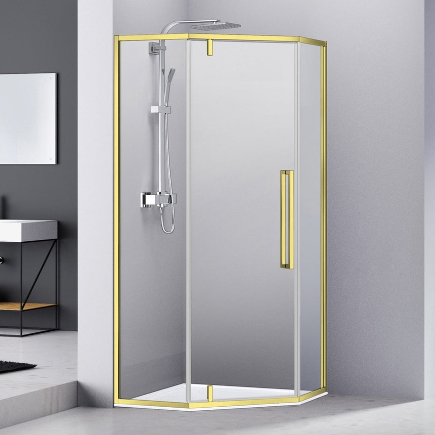 Cabina dus pentagonala Belform Fortuna, 90x90 cm, cu usa batanta, profil auriu mat