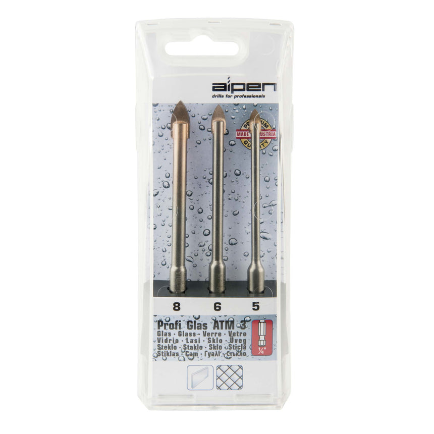 Set de 3 burghie pentru sticla, Alpen, diametre 5.0mm, 6.0mm, 8.0mm, montaj hexagonal 1/4"