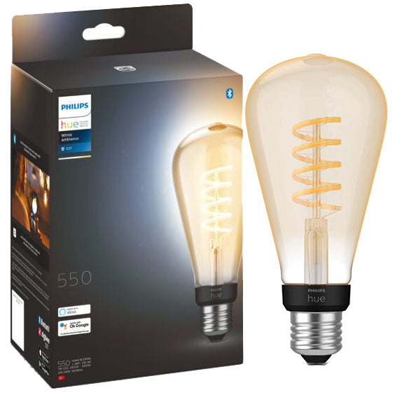 Bec LED inteligent vintage Philips Hue Filament Edison, Bluetooth, Zigbee, ST72, E27, 7W (40W), 550 lm, lumina alba (2200-4500K)