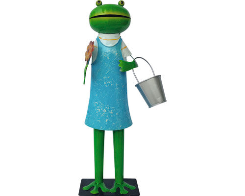 Figurina Broasca Cu Galeata Lafiora H 45 Cm, Metal, Verde Si Albastru