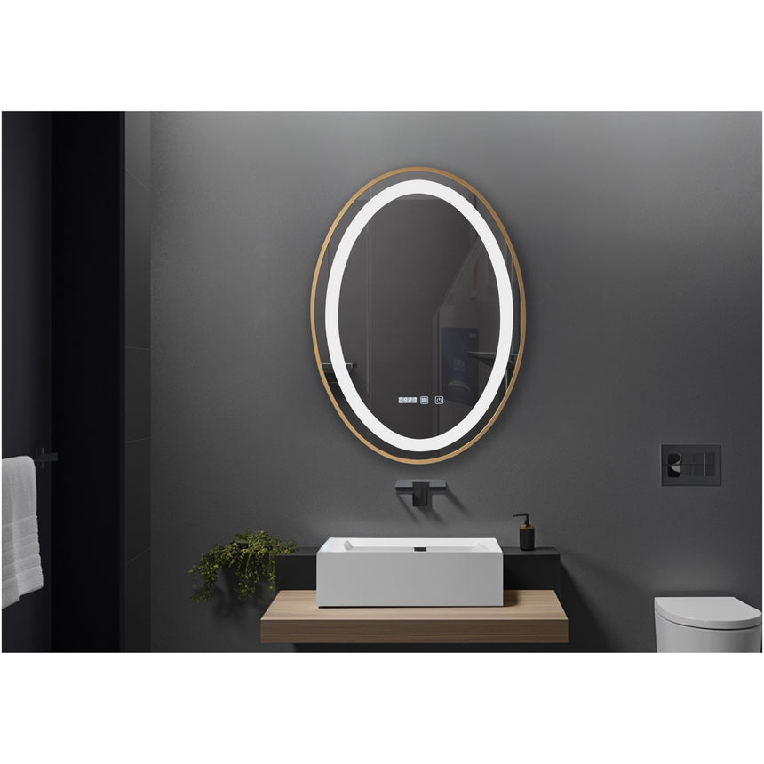 Oglinda baie Belform Fortuna, cu iluminare LED 3 culori, intrerupator Touch, ceas, functie dezaburire, 50x70 cm, rama aluminiu aurie, clasa energetica F
